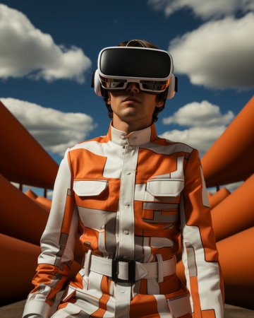 A man immersed in a virtual world, his face obscured by sunglasses and orange hues, gazes up at the sky while wearing a vr headsetの素材