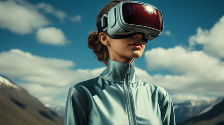 Immersed in a virtual world, a hiker gazes at the vast mountain landscape through her cloud-like goggles, her human face hidden behind a helmet and sunglassesの素材