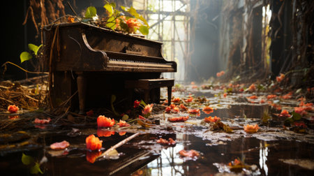 A lone piano stands amidst the decaying walls, surrounded by vibrant autumn flowers, a melancholic ode to the passing of time and the beauty that remainsの素材