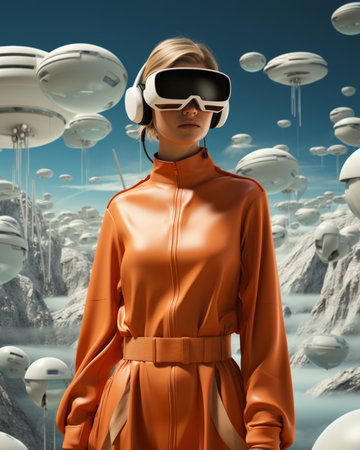 A stylish woman rocks an orange jumpsuit and white headphones while sporting a cool pair of sunglasses and goggles, showcasing her unique fashion senseの素材