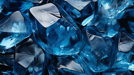 A shimmering mound of frozen quartz crystals glisten in the light, evoking a sense of serenity and purity in a sea of vibrant blue ice cubesの素材