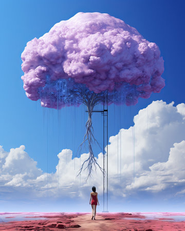Amidst a dreamy sky, a courageous woman stands beneath a vibrant pink tree, her parachute ready for flight as she embraces the beauty of the great outdoorsの素材