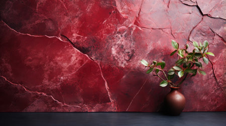A vibrant red wall frames a potted plant in a tranquil still life, bringing a pop of color and life to the spaceの素材
