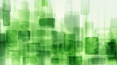 A vibrant display of abstract art, featuring a collection of transparent green rectangles crafted from colorful glassの素材