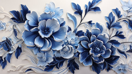 A stunningly delicate blue and white floral painting adorns the canvas, capturing the vibrant essence of nature's beautyの素材