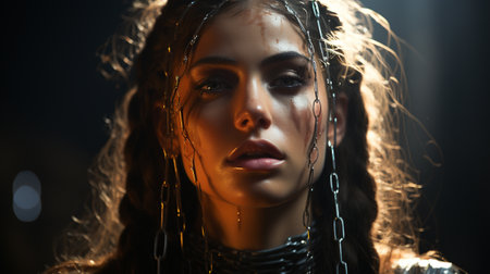 A fierce woman with chains adorning her dreadlocked hair stares intensely, daring anyone to challenge her strength and determinationの素材