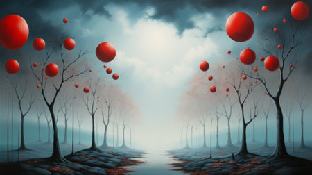 A vibrant forest painting comes to life as red balloons float through the foggy sky, adding a whimsical touch to the tranquil outdoor sceneの素材