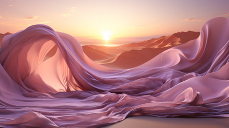 As the vibrant sunset illuminates the sky above the rugged mountains, a lone pink cloth stands out in the vast desert landscape, symbolizing the delicate balance of nature's beauty and harshnessの素材
