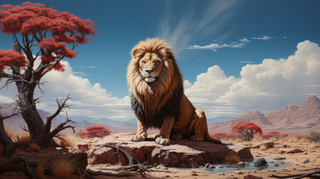 A majestic masai lion gazes out at the vast expanse of sky and desert from atop a rocky perch, its regal presence contrasting with rugged landscape and reminding us of untamed beauty of natureの素材
