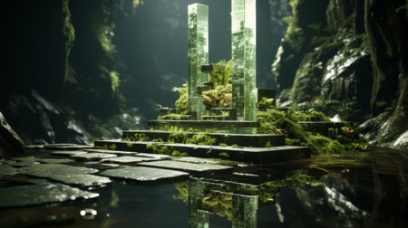 A majestic tower of emerald glass rises above a lush landscape, mirroring the surrounding nature and sparkling with the serene reflection of a tranquil lakeの素材