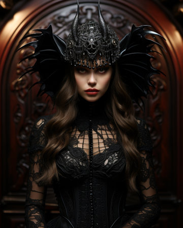 A gothic woman in a black garment, adorned with a crown and fashion accessories, gazes hauntingly at a doll in a dark indoor settingの素材