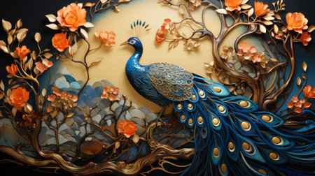 Vibrant and regal, a peacock adorned with gold and blue feathers dances among a garden of delicate flowers in a stunning paintingの素材