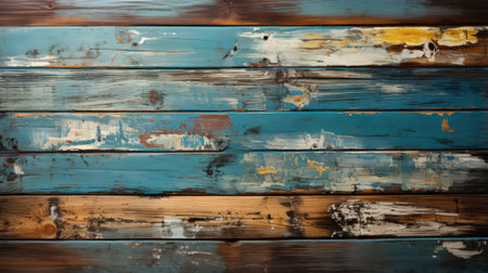 Peeling planks reveal the rich history of this rustic wooden wall, evoking a sense of nostalgia and natural beautyの素材