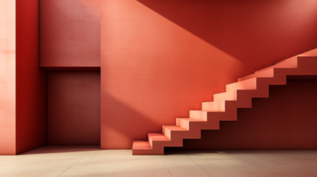 A vibrant red staircase, adorned with abstract art, ascends towards a blank wall, inviting contemplation and evoking a sense of mystery in the roomの素材