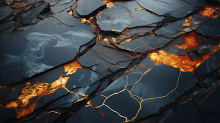 A shimmering black and gold rock, adorned with fiery orange veins, glistens in the reflection of a tranquil pool, a symbol of nature's enduring resilience amidst the chaos of natural disastersの素材