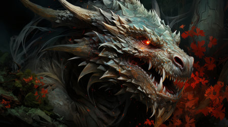 An awe-inspiring painting captures the ferocity of a dragon, its sharp spikes and teeth evoking the primal nature of this ancient and powerful animal, reminiscent of a fierce and majestic dinosaurの素材