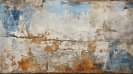 An abstract portrayal of decay and nostalgia, as rust and stains blend with chipped paint on a close-up of a weathered wallの素材