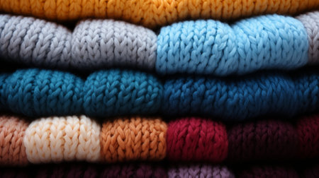 A cozy tower of intricately woven sweaters, crafted with soft fibers and delicate stitches, evoking feelings of warmth and comfort for the indoor seasonの素材