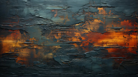 A dynamic blend of bold strokes and textured layers create a mesmerizing abstract canvas, capturing the essence of rusted beauty in shades of black and orangeの素材