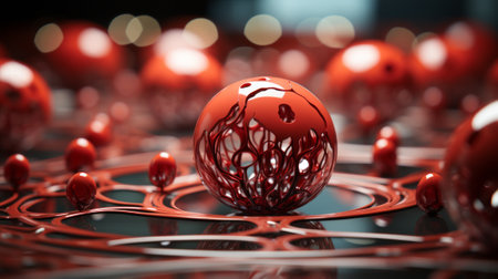 A vibrant red sphere adorned with intricate holes, radiating a warm glow, serves as an eye-catching indoor ornamentの素材