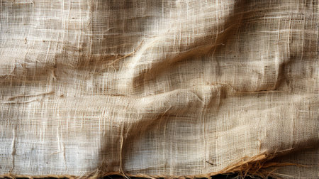 A meticulously stitched pattern adorns the coarse, earthy texture of a burlap, evoking a sense of rustic elegance in this textile masterpieceの素材
