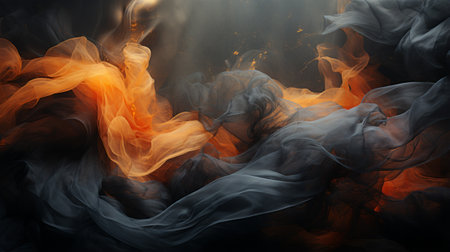 An enigmatic painting of swirling black and orange fabric evokes a sense of mystery and depth, as if captured in a moment of billowing smokeの素材