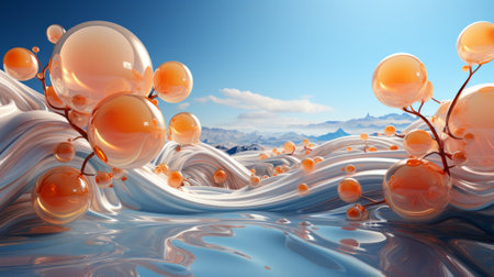 A winter sky comes to life in a vibrant painting, as a cartoon wave with orange bubbles crashes against an outdoor landscapeの素材