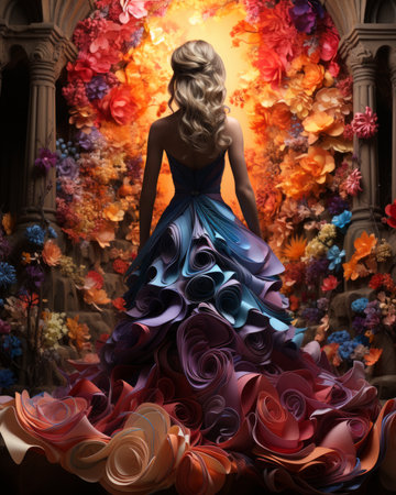 A woman in a vibrant dress, painted with delicate strokes, gazes upon a flower as if it were a living statue of a loved oneの素材