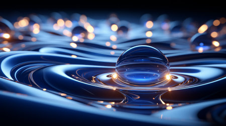 A shimmering blue droplet of water delicately balances on the surface, reflecting the dancing candlelight and symbolizing the fluidity of lifeの素材