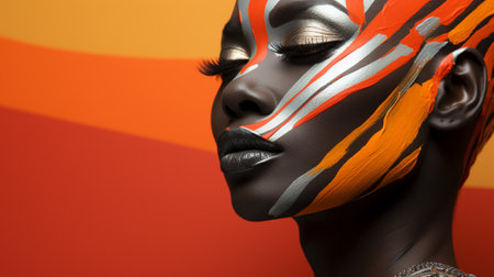 Immersed in a mask of vibrant orange and metallic silver, a woman becomes a living statue, embodying the power and beauty of artの素材