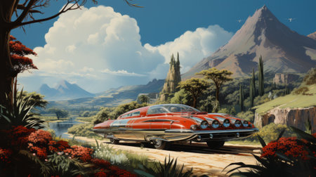 A vibrant red car speeds down a dusty path, surrounded by towering mountains and lush trees, under a bright blue sky dotted with fluffy clouds, creating a picturesque outdoor scene reminiscentの素材