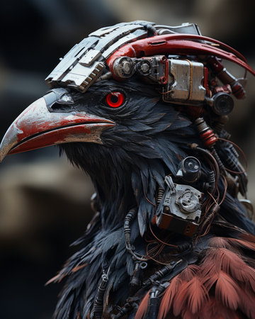 Amidst the great outdoors, a majestic hornbill stands tall with its feathered body and a gleaming robot head, its beady red eyes gazing upon the world with a curious blend of nature and technologyの素材
