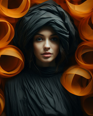 A hauntingly beautiful woman in a black dress gazes directly at the viewer, her human face exuding both mystery and eleganceの素材