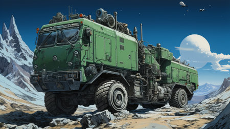 A rugged military truck traverses through the rocky terrain, its sturdy wheels conquering the mountain as the open sky above serves as its only witnessの素材