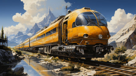 A vibrant yellow train chugs through the snowy mountain landscape, its rolling stock following the winding railway tracks as it transports passengers to their destination under the vast open skyの素材