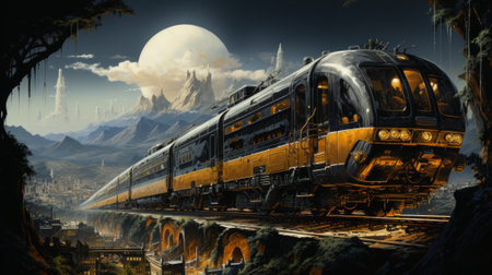 A powerful locomotive chugs through the rugged mountain landscape, its steel tracks leading the way for this impressive transport on its outdoor journeyの素材
