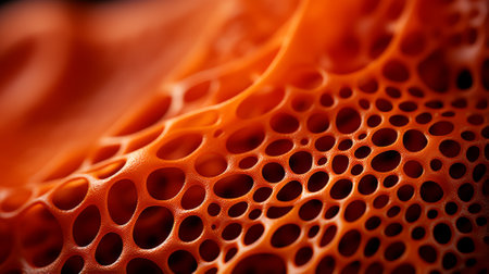 A vibrant abstract close-up of a fiery red honeycomb and juicy orange, evoking a sense of intensity and curiosityの素材