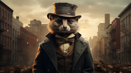 A dapper raccoon stands proudly on a city street, donning a hat and coat, as the cloudy sky and looming buildings serve as his urban backdropの素材