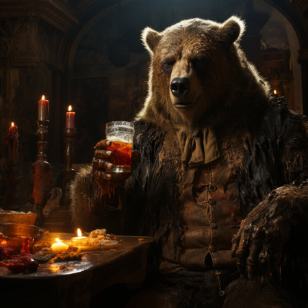 A majestic brown bear cozily holds a glass of beer in the warm glow of a candle-lit room, exuding a sense of comfort and relaxationの素材