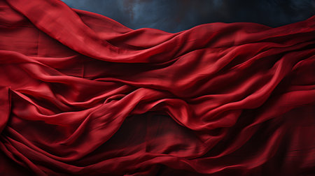A rich maroon silk fabric cascades over a serene blue background, evoking feelings of luxury and elegance in the world of fashionの素材