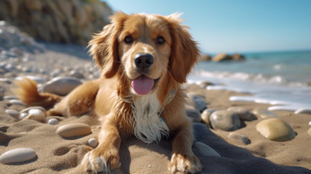 A majestic golden retriever basks in the warm sun on the sandy beach, content as can be in its natural elementの素材