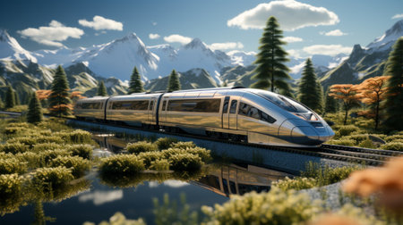 A majestic train glides along the tracks, passing by towering mountains and lush trees, under a vibrant sky dotted with clouds, reflecting in the calm waters of a nearby lakeの素材