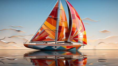 A vibrant sailboat glides gracefully on the sparkling water, its mast reaching towards the vast sky as it transports its passengers on a serene sailing journey amidst the picturesque beachの素材