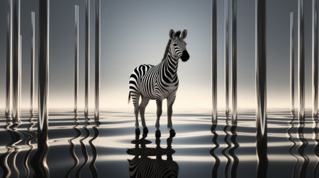 A majestic zebra stands gracefully in the calm waters, gazing at the vast expanse of sky above, while a nearby fence separates it from its tall giraffe neighbors in the beautiful outdoor settingの素材