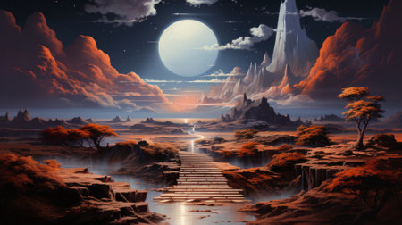 A luminous moon reflects off the tranquil waters, illuminating the rugged terrain and enveloping the serene outdoor landscape in a mystical embraceの素材