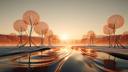 A serene winter landscape, with a vibrant sky and majestic trees, basking in the golden hues of a breathtaking sunsetの素材