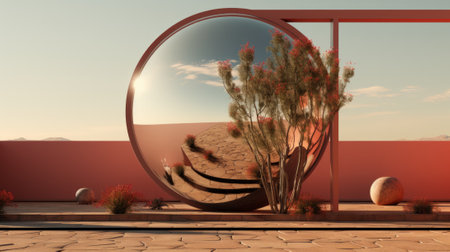 A vibrant outdoor art installation featuring a circular mirror with a red plant growing inside, reflecting the endless sky and the rooted tree on the groundの素材