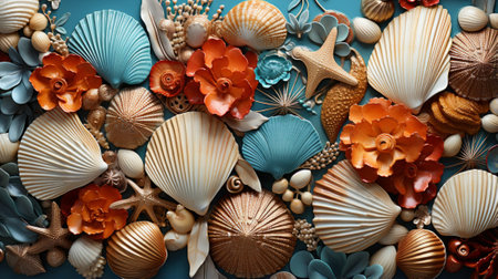 A vibrant collection of invertebrate shells and delicate flowers create a stunning contrast of natural materials, evoking a sense of wonder and beauty in the diversity of ocean lifeの素材