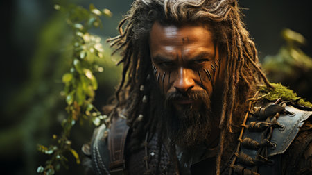 A rugged man with a wild mane of dreadlocks and a bushy beard gazes confidently into the distance, his face weathered by the elements of the great outdoorsの素材
