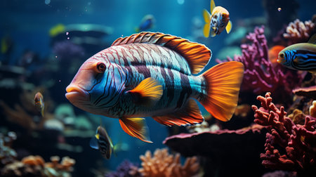 Vibrant fish glides amidst coral and fellow marine life in a captivating underwater setting, showcasing the beauty and diversity of aquatic ecosystemsの素材